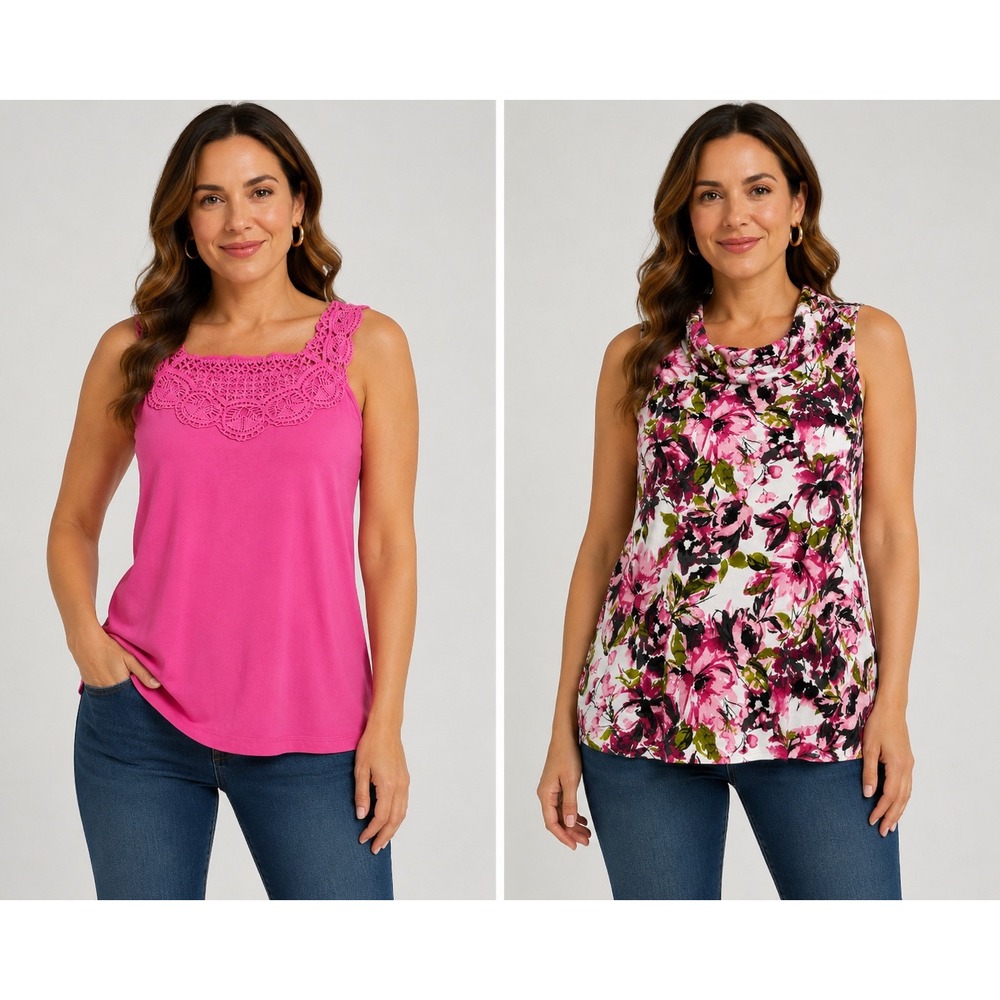 Lot of 2 Dressbarn Jones Studio Petite XL‎ Floral Cowl Neck & Pink Crochet Tank